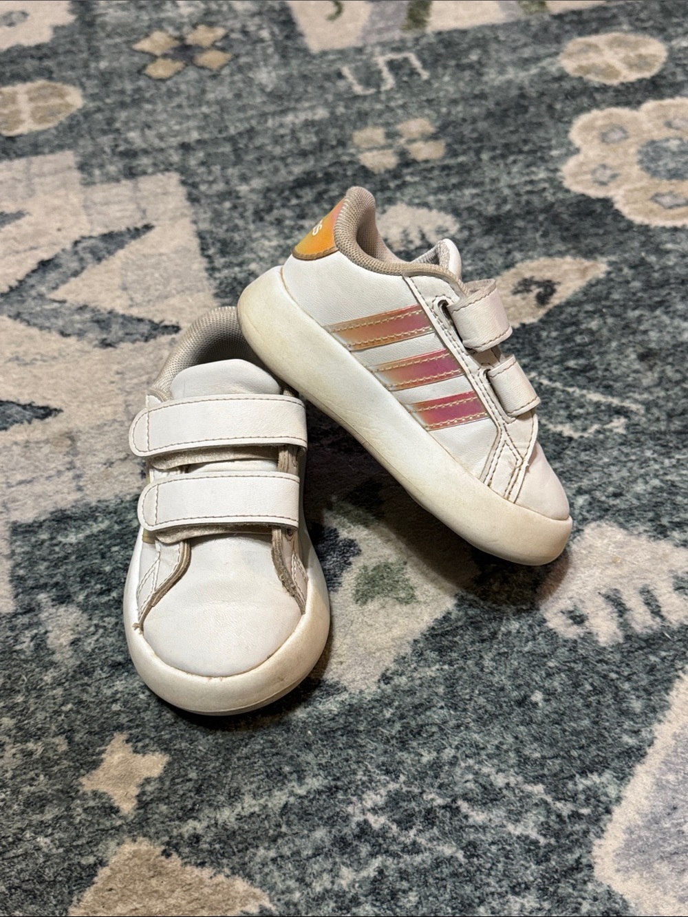 adidas Kids White Sneakers with Pink and Peach Accent Stripes